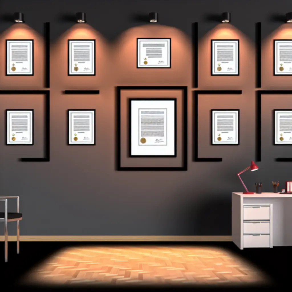 Ściana z ramkami certyfikatów i nagród drukarni LocalPrintpl