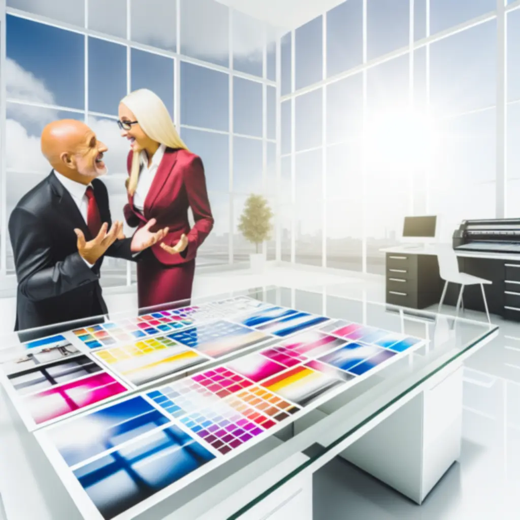 Zespół klienta omawiający wydrukowane materiały razem z przedstawicielem drukarni LocalPrintpl