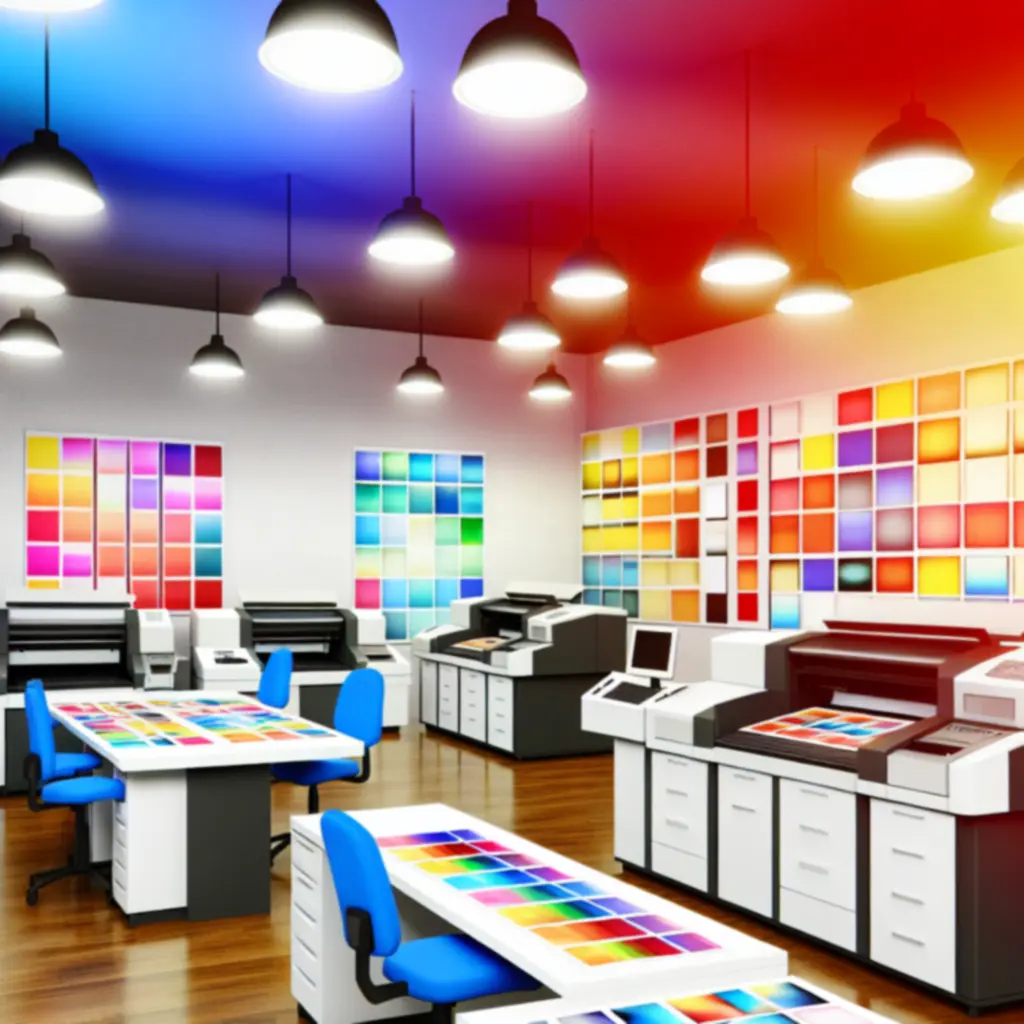 Nowoczesne stanowisko pracy w drukarni z maszynami drukarskimi