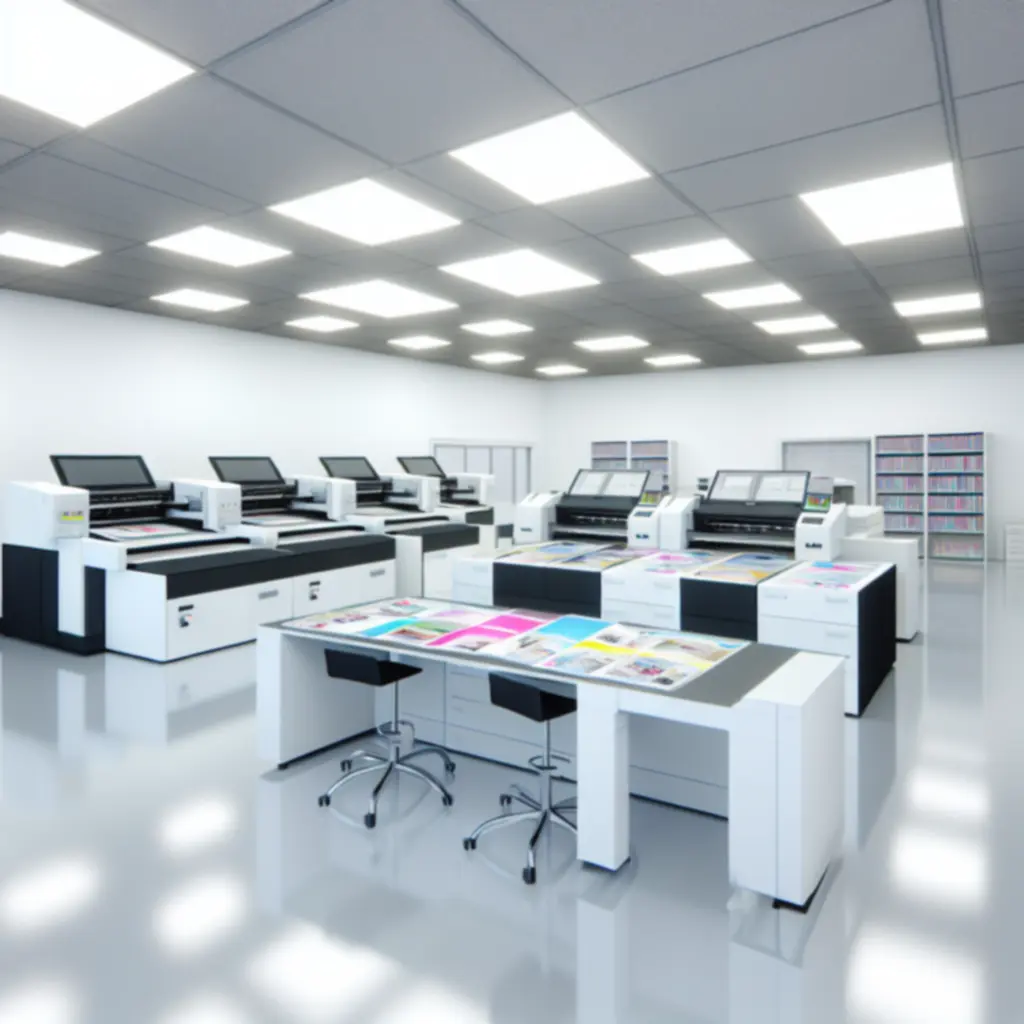 Nowoczesne wnętrze drukarni LocalPrintpl z maszynami drukującymi i gotowymi materiałami reklamowymi