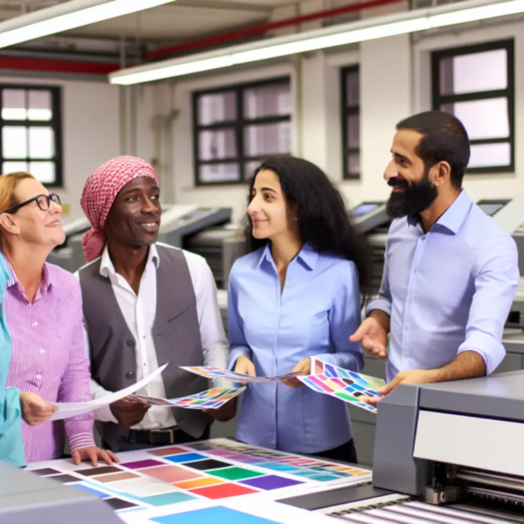 Zespół specjalistów pracujących przy maszynach drukarskich